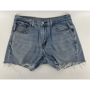 Levi's 514 Women's High Rise Cut Off Blue Denim Shorts Distressed Size 32W